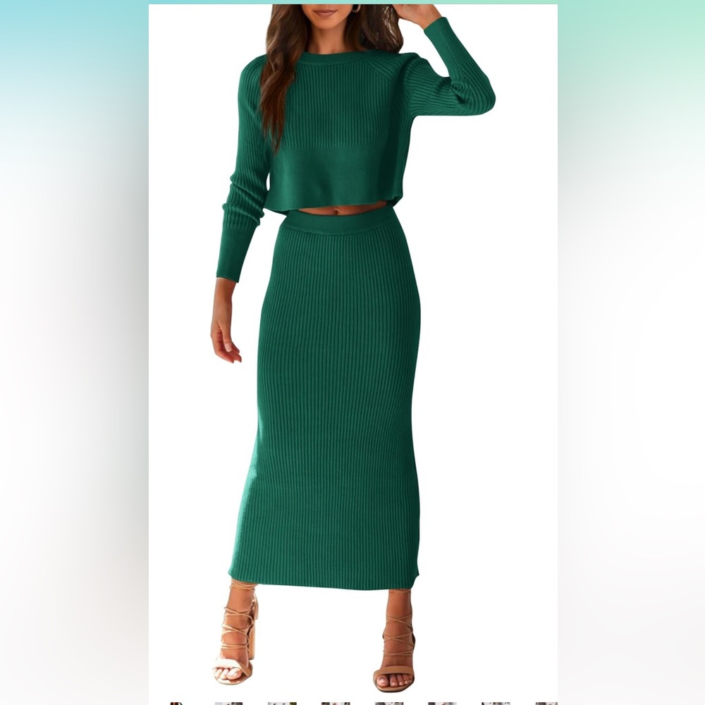 Green Ribbed Maxi Pencil Skirt Set
